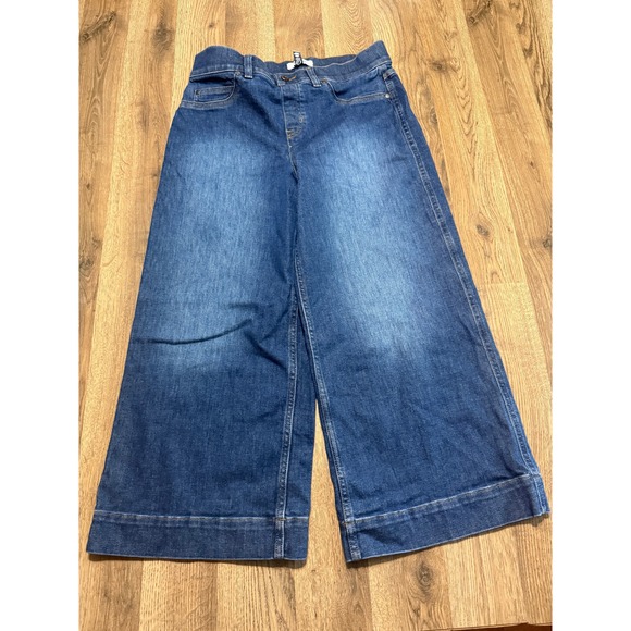 SPANX Denim - Spanx Wide Leg Jeans Womens Size L Blue Denim High Rise Pull On Excellent
